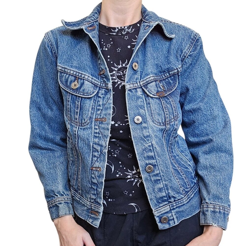 70s‎ Lee Denim Jean Jacket Womens Sz XS Petite Distressed Classic Retro